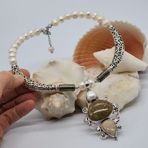 Genuine Stones Natural Pearl/Jasper/Coral Fossil Silver Pendant Necklace